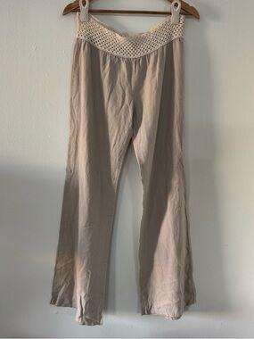 Y2K Linen Blend Crochet Waist Linen Flare Pants Boho Neutral Beige Vintage